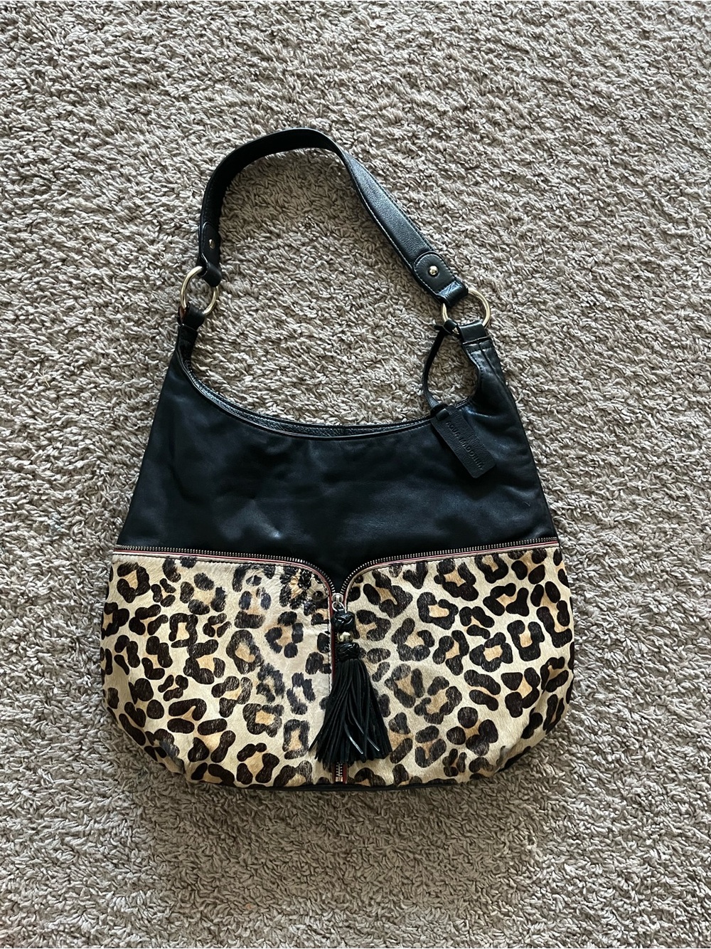 Aqua Madonna Black Calf Leather Hair Leopard Print Large Shoulder Bag